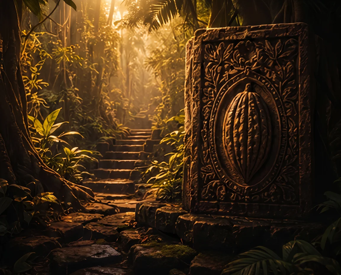 A luminous forest passage and carved cacao portal
