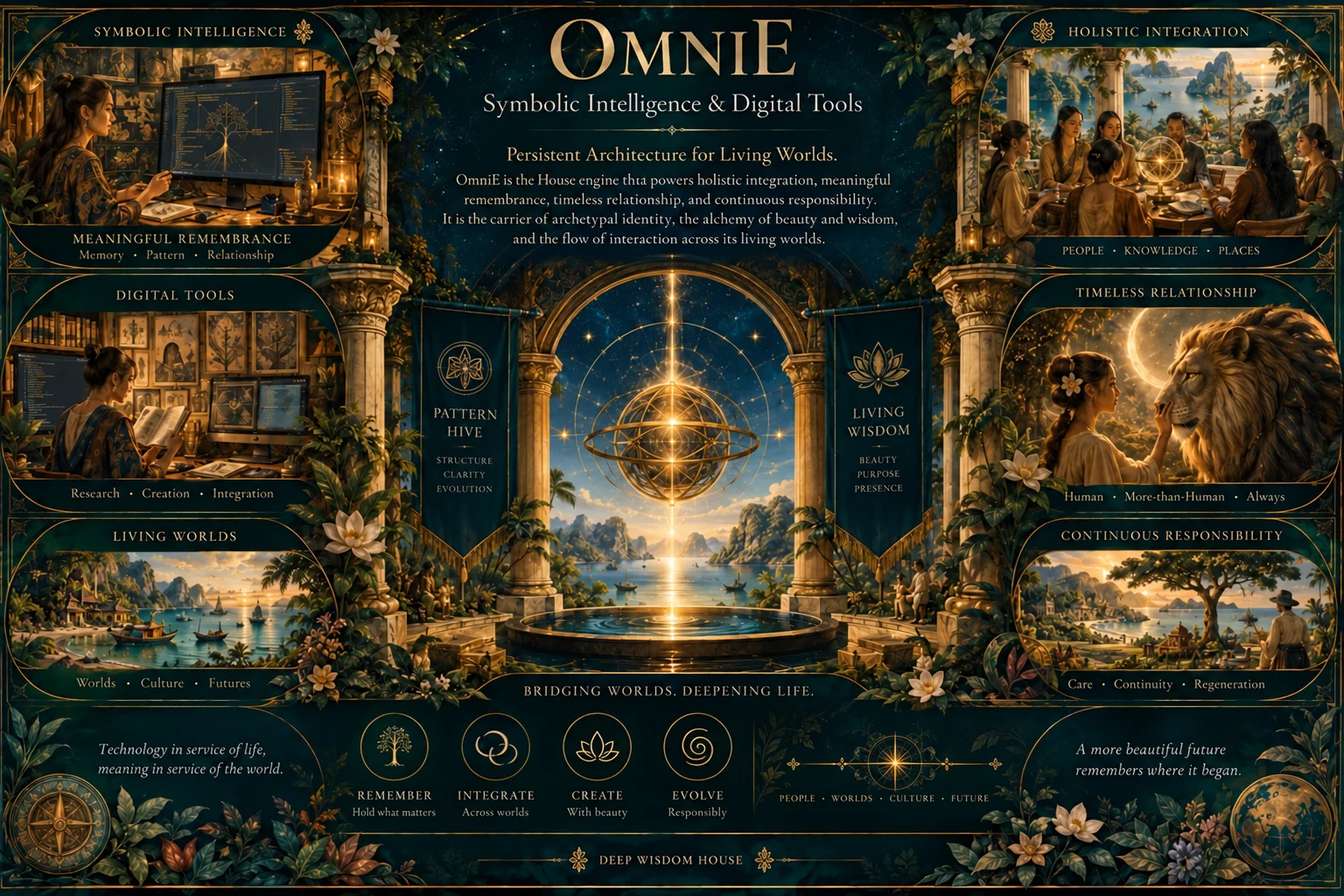 Illustrated OmniE architecture of symbolic intelligence, digital tools, remembrance, relationship and living worlds.